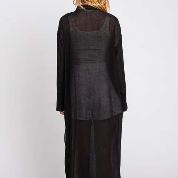 French YUMI MAZAO Sheer Black Poly Long Shirt Dress 2 M - Picture 6 of 7